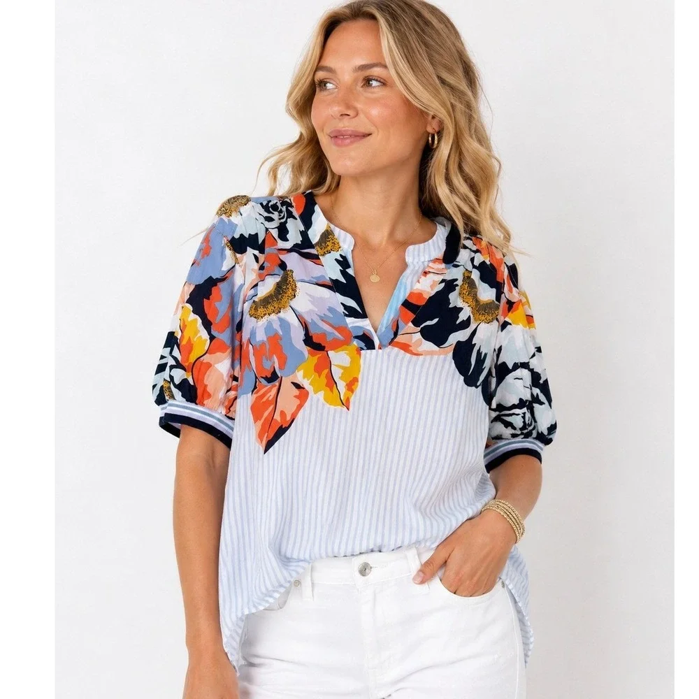 Maeve by Anthropologie Floral Mixed Print Striped Blouse XS Puff Sleeve